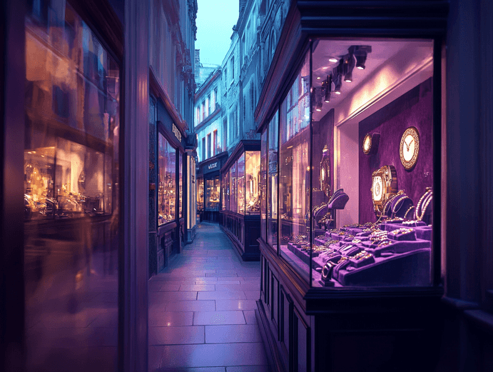 A luxurious boutique inside Burlington Arcade, showcasing fine jewelry and watches