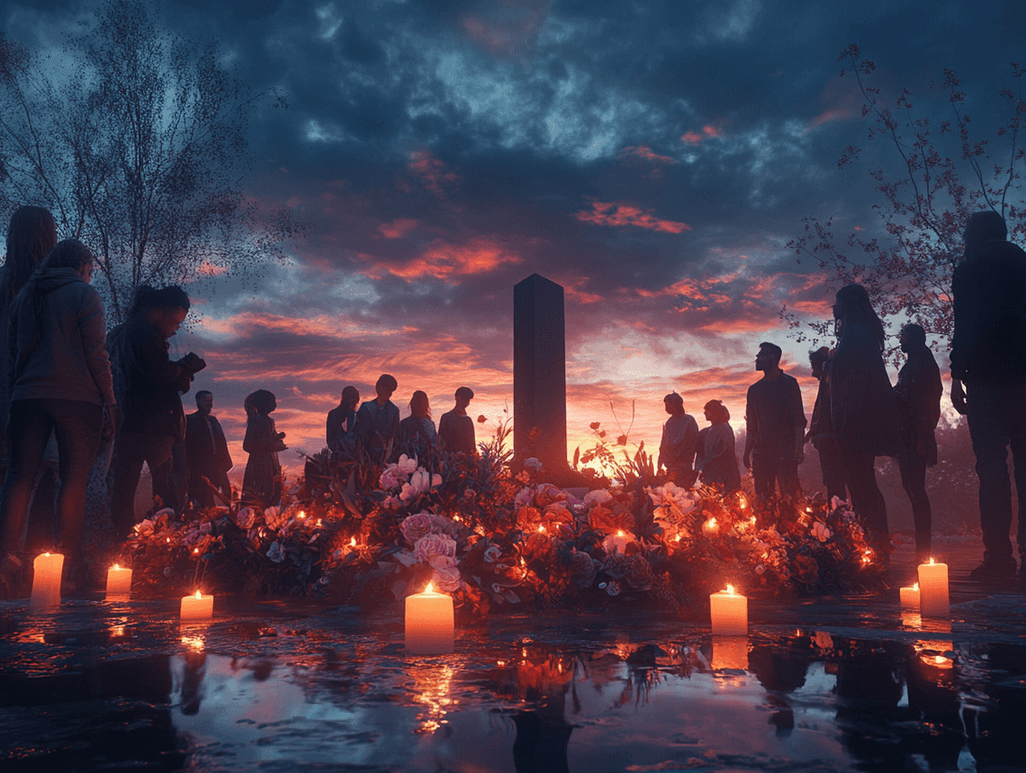 A somber image of a memorial with candles and flowers, symbolizing loss and remembrance.