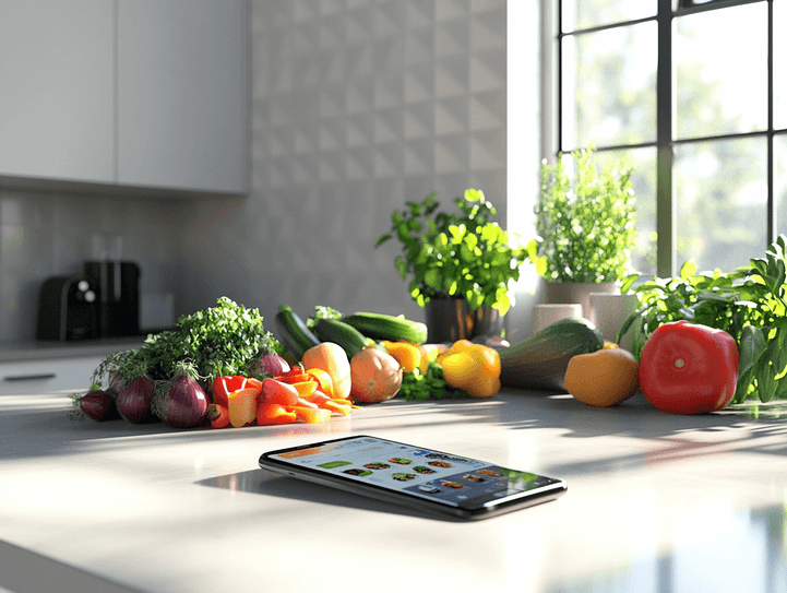 A kitchen counter with fresh produce and a smartphone displaying a meal-planning app