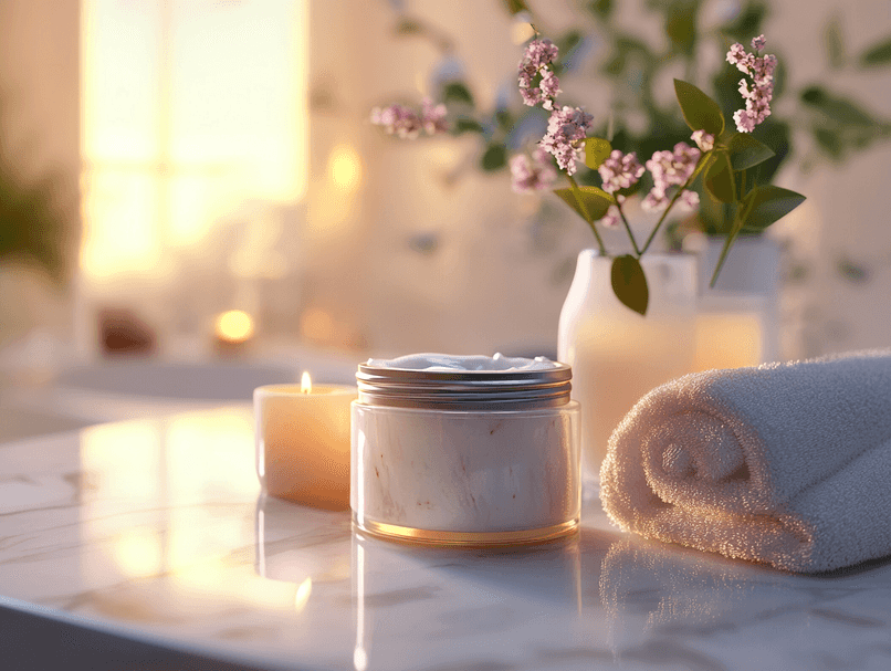 A luxurious jar of hair mask placed on a marble countertop with a soft-focus background of spa essentials