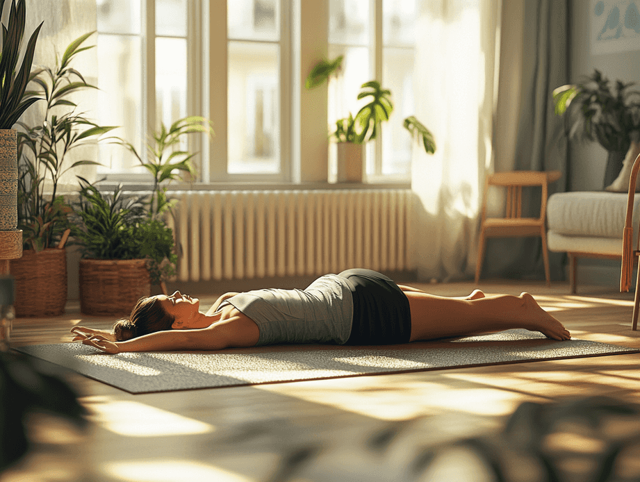 A serene bedroom setting with a person practicing light stretches before bed