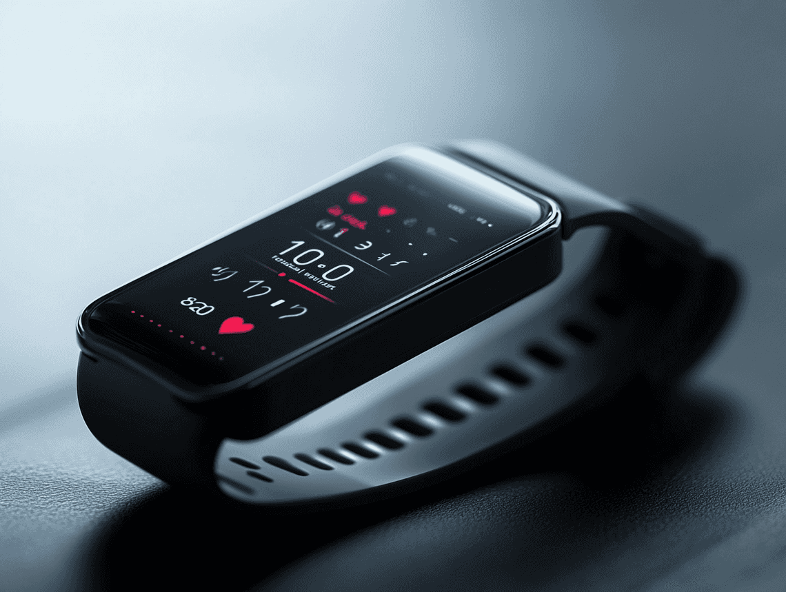 Close-up of a fitness tracker displaying step count and heart rate