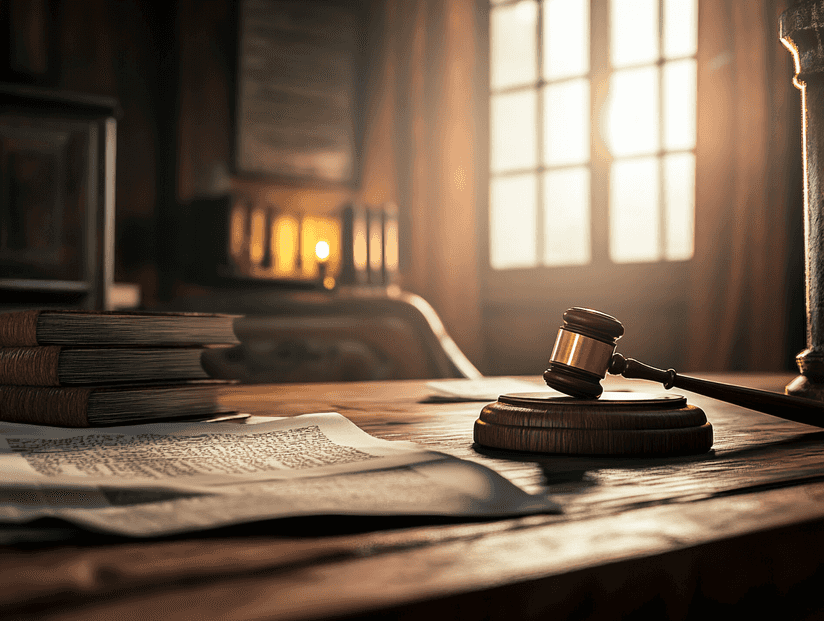 A courtroom with a gavel and legal documents on a desk