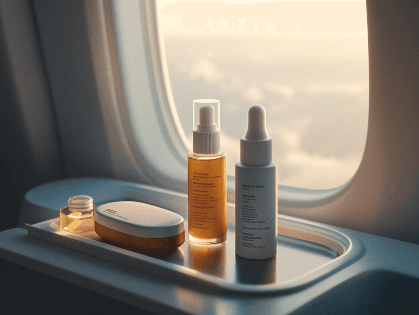 A woman applying skincare products during a flight, seated by the airplane window