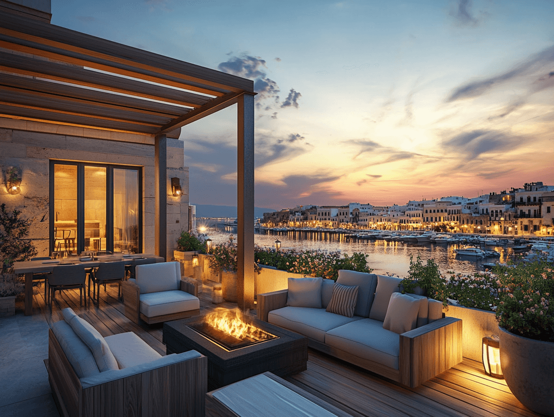 A modern penthouse with a rooftop terrace overlooking Chania harbor