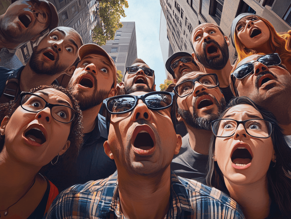 A photorealistic image of a diverse group of people reacting emotionally to shocking news