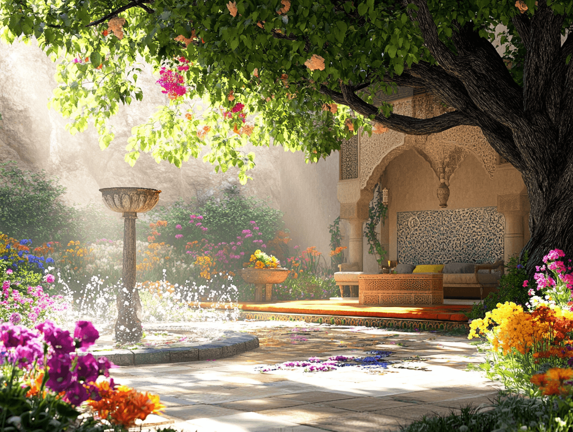 A traditional Moroccan riad surrounded by lush gardens and mountain views