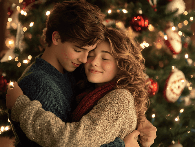 A festive family moment with a beautifully decorated Christmas tree in the background