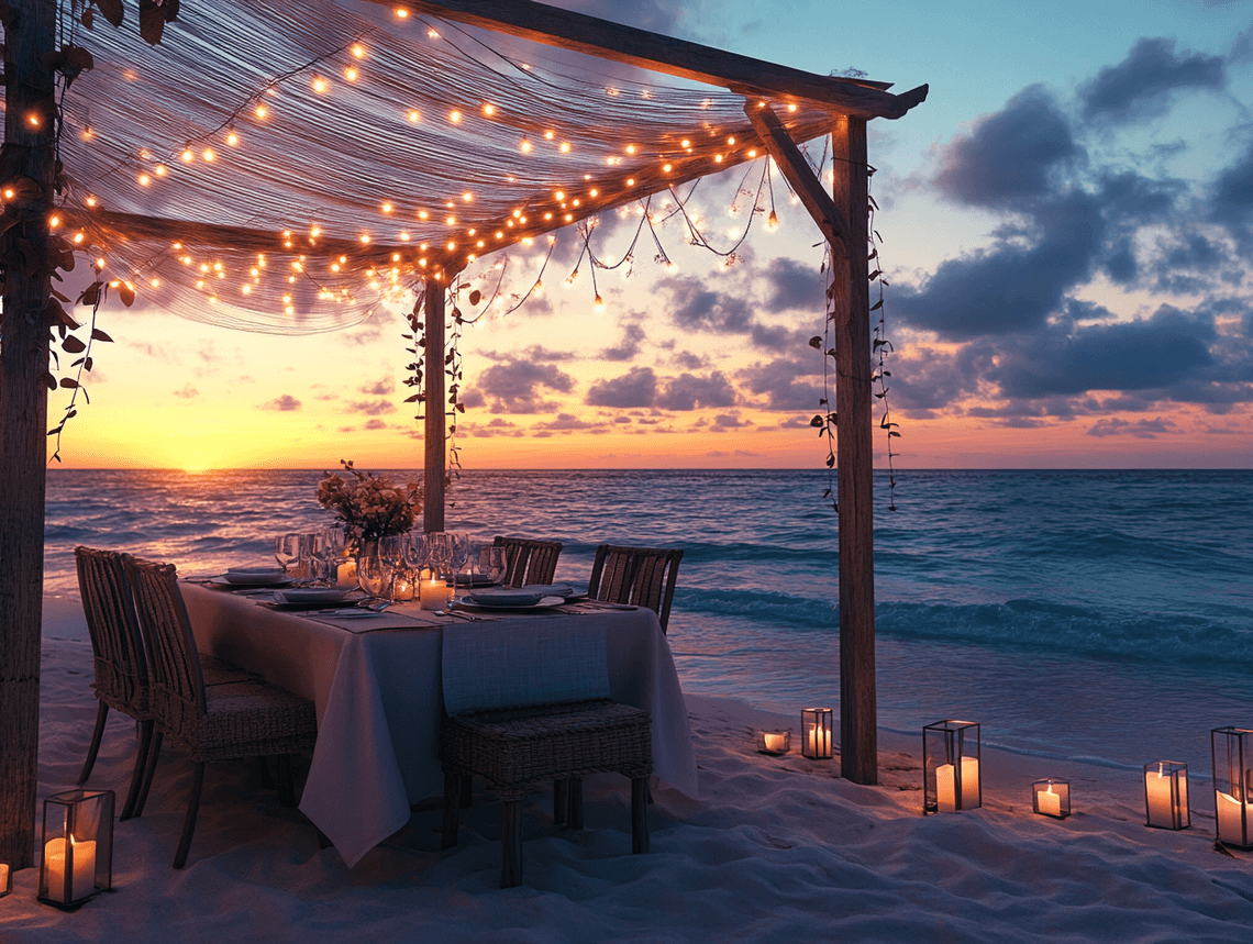 A luxurious private dinner setup on a secluded beach
