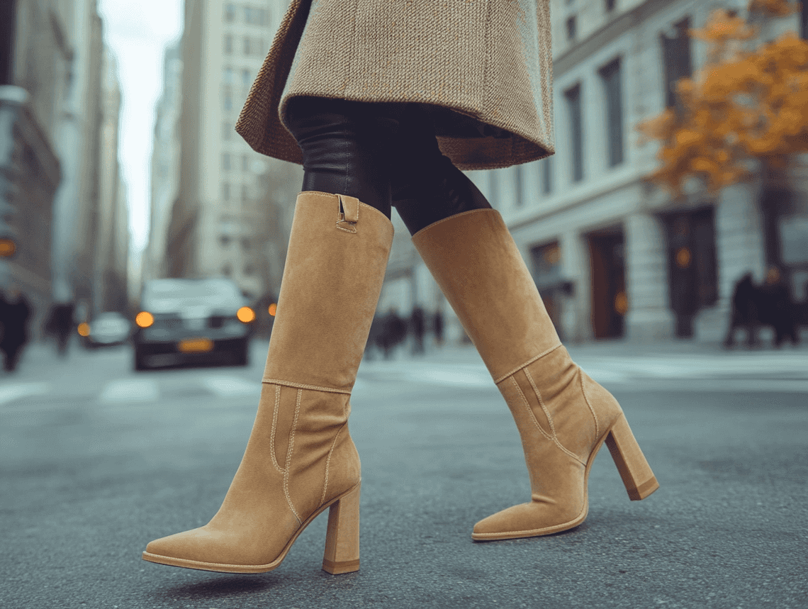 A woman wearing square toe boots with a chic outfit