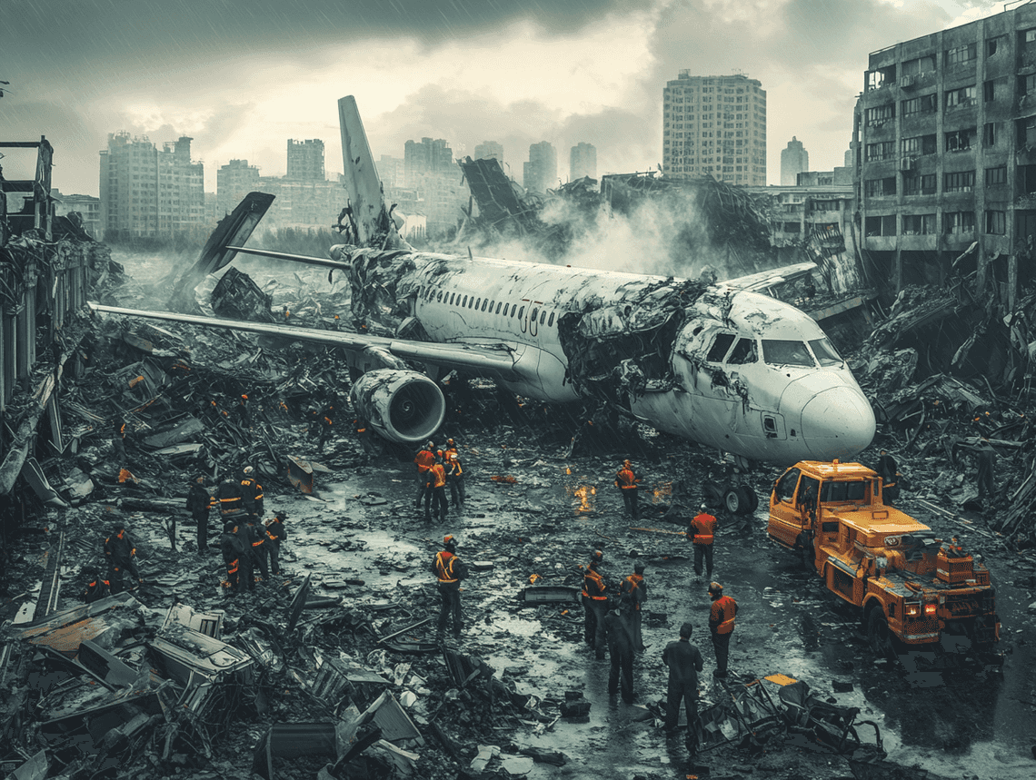 Aerial view of an airplane crash site with investigators and emergency responders working on-site