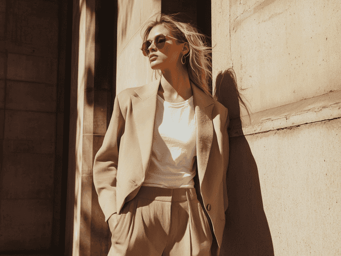 Jennifer Lawrence-inspired outfit featuring a chic jacket and casual accessories