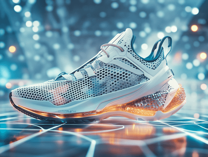 A futuristic sneaker design with bold colors and innovative technology