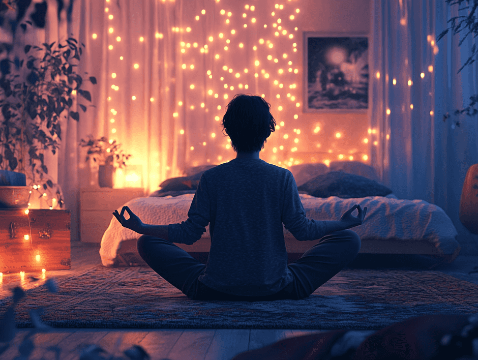 A person lying on a yoga mat, practicing pelvic tilts in a calming environment