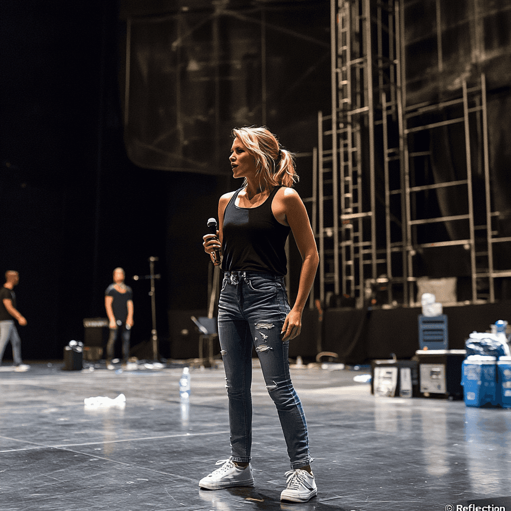A behind-the-scenes look at Carrie Underwood rehearsing with her band on a grand stage