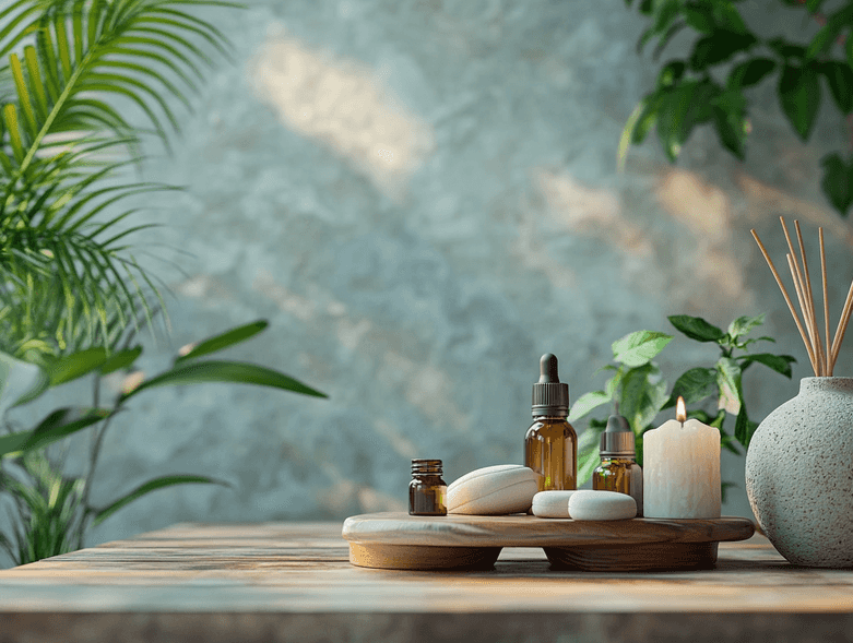 A collection of wellness products displayed on a table, including candles, essential oils, and skincare items