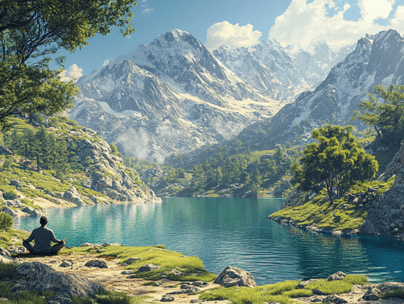 A serene mountain retreat with a traveler meditating by a lake