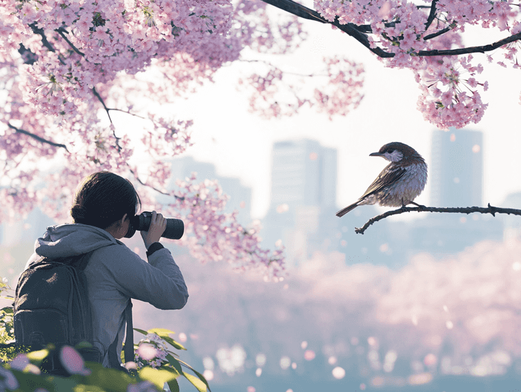 A serene park in Tokyo with a birdwatcher observing a colorful bird perched on a tree branch
