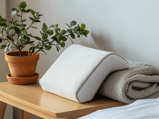 A couple enjoying a cozy moment with a discreet sex pillow in the background.