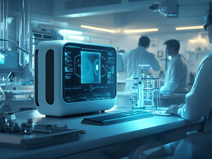 A futuristic rendering of a high-performance desktop PC in action