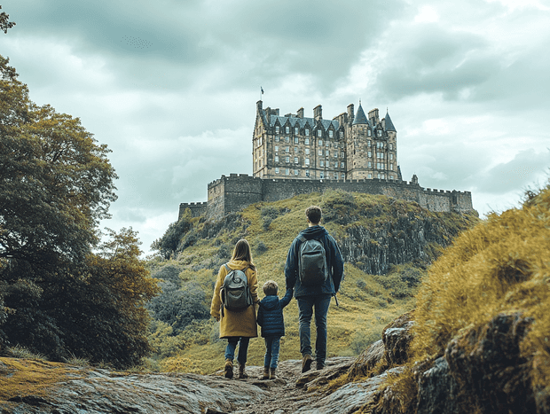 A family riding bicycles along a canal in Amsterdam, Netherlands