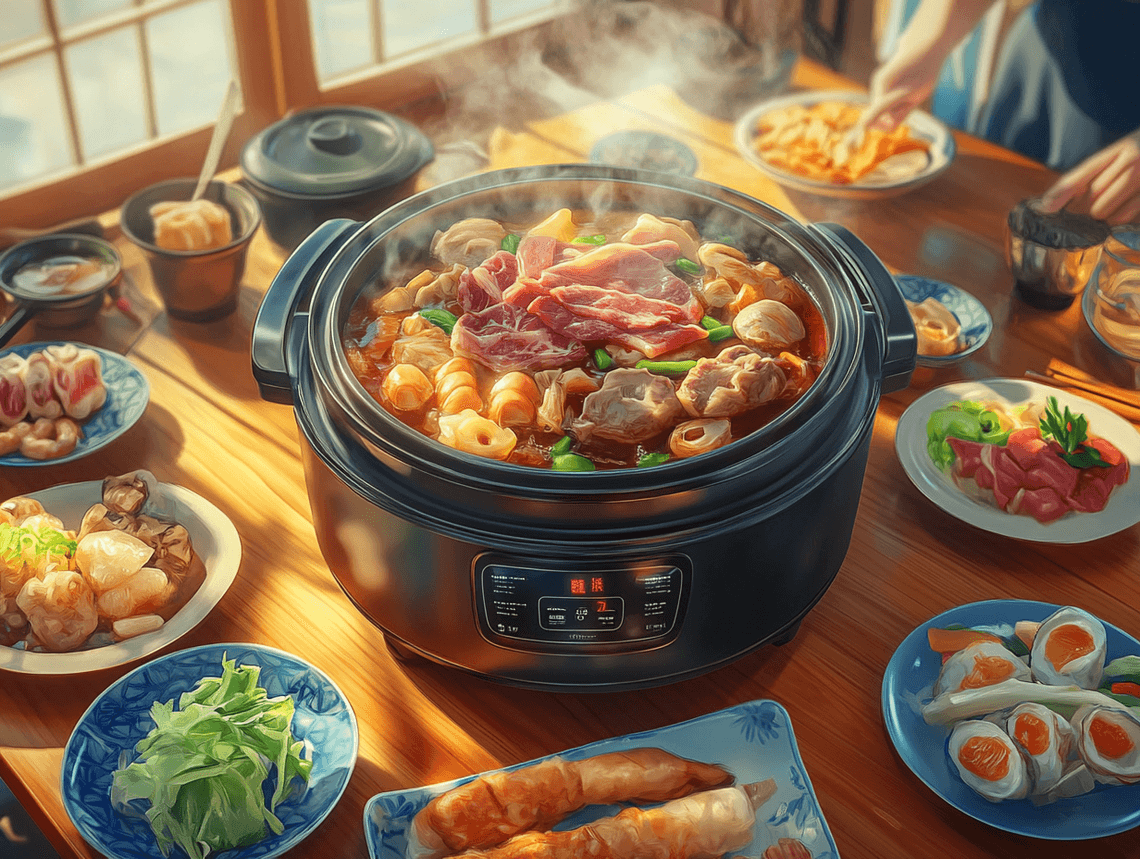 A rice cooker used as a hot pot with broth, vegetables, and meat