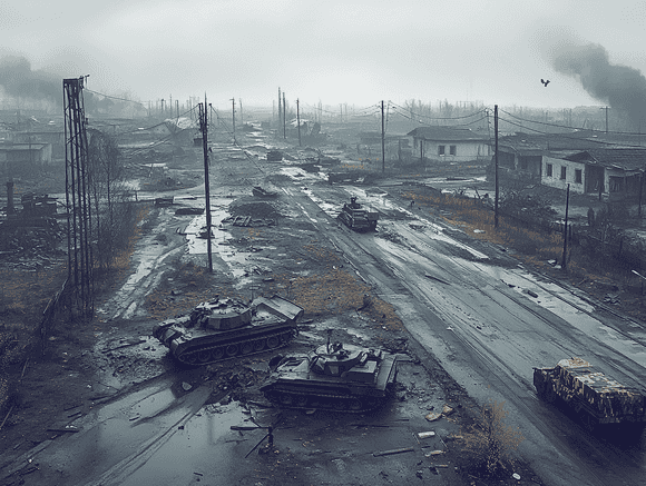 A military convoy moving through a rural area with smoke in the background