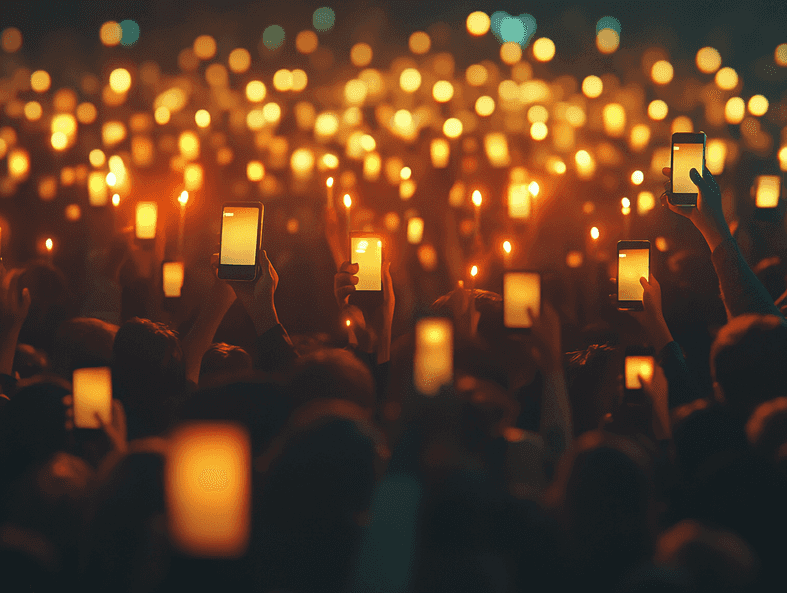 A crowd of fans holding up their phones with Brenton Wood's music playing in the background