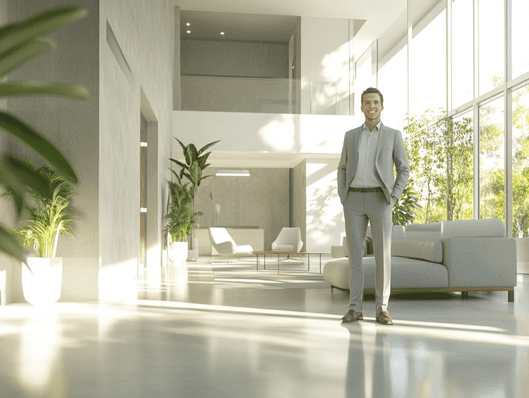 A person standing tall with a confident smile in a bright, open space