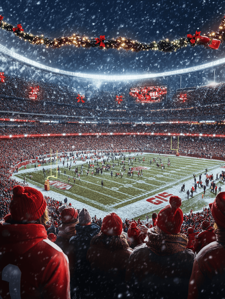 "NFL game with holiday-themed decorations"