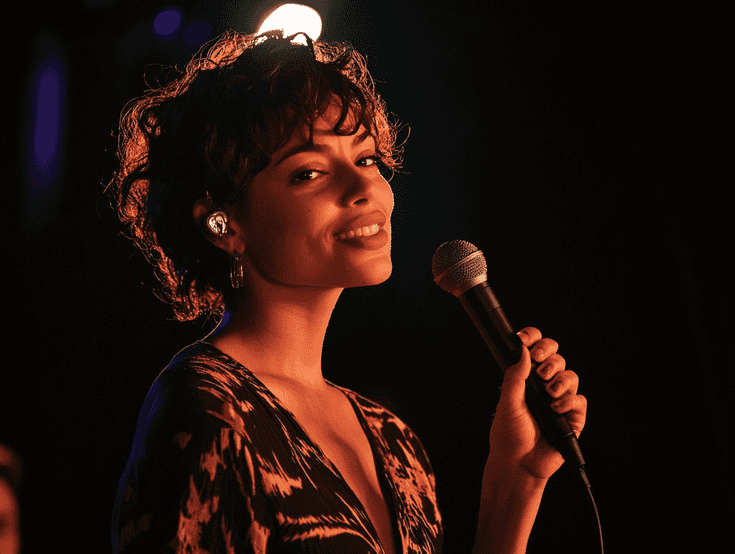 A close-up of Gina Brillon performing on stage, microphone in hand, with a spotlight highlighting her expression of passion and humor