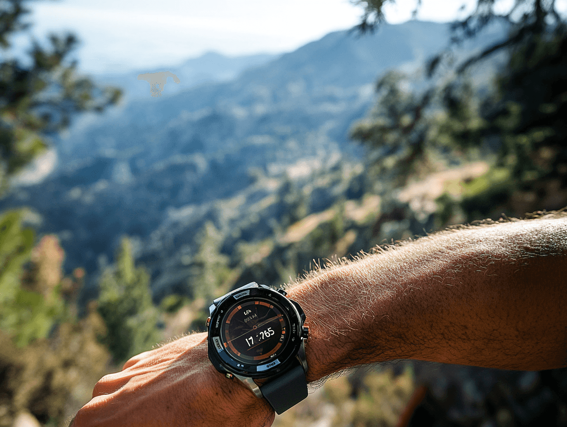 A sleek smartwatch with a vibrant display on a wooden table