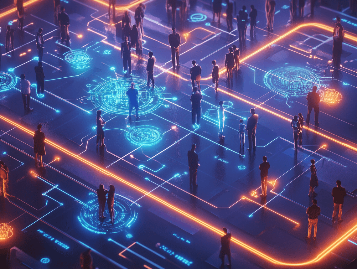 A modern financial analyst using AI-powered tools on multiple screens to track market trends