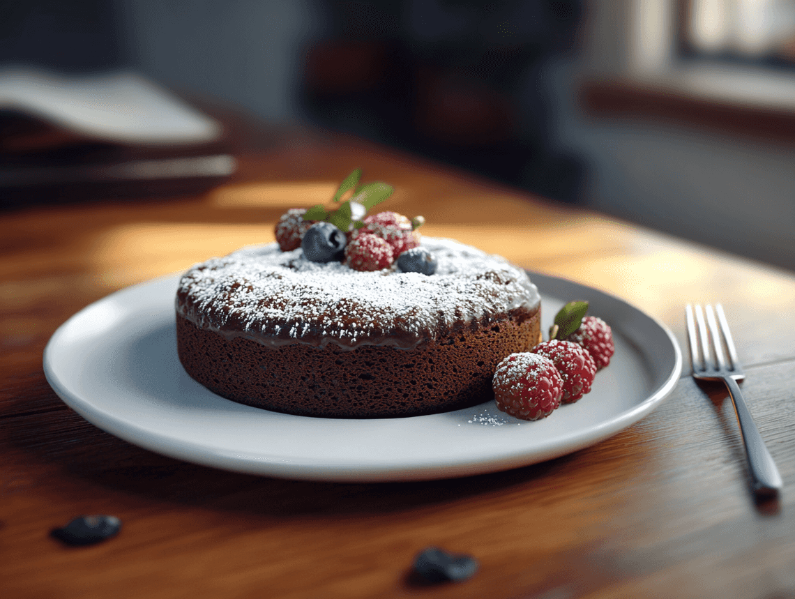 A freshly baked chocolate cake served on a plate