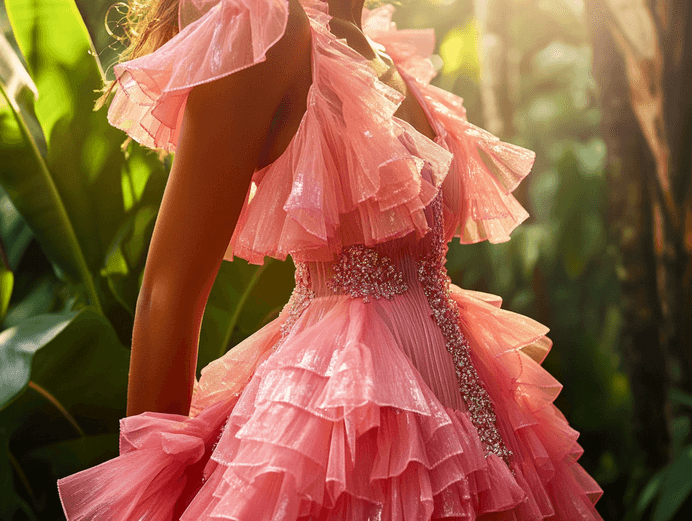 A glamorous woman in a pink dress walking along a tropical beach at sunset