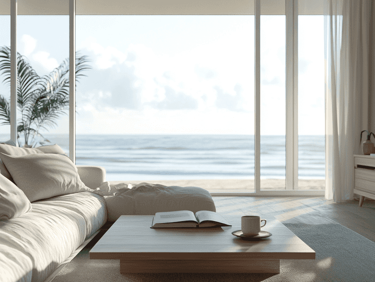 A modern and stylish Airbnb interior with a cozy living area and ocean views