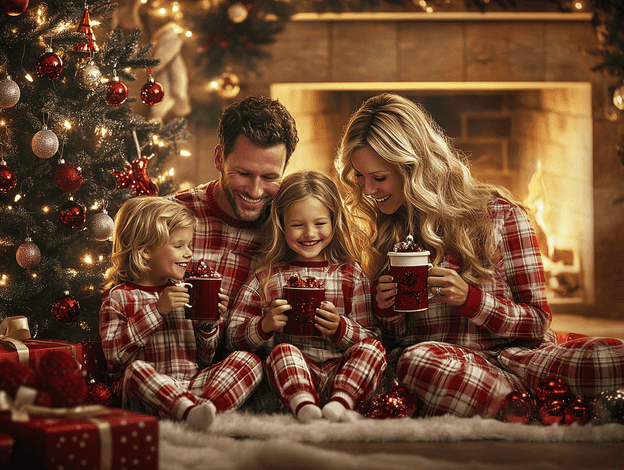 A thumbnail image of a cozy family in matching pajamas by the fireplace