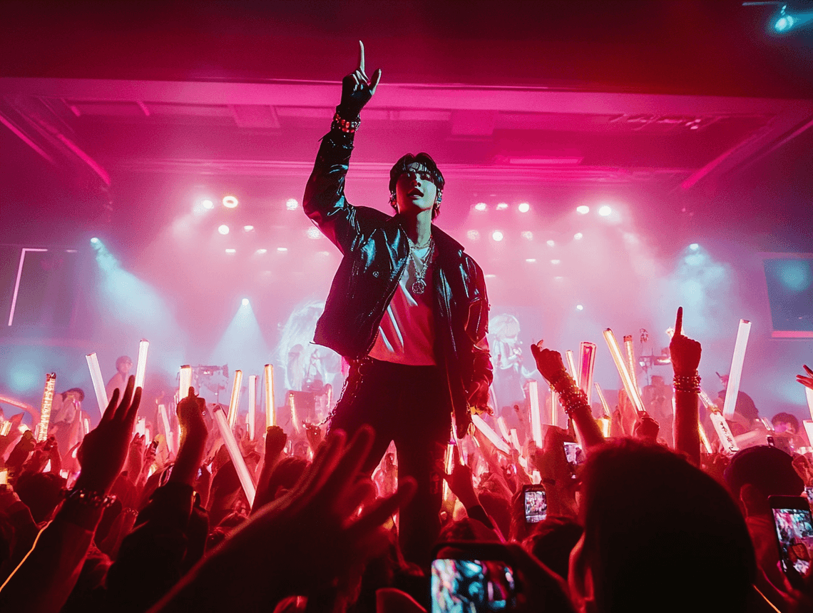 A photorealistic image of two K-Pop artists collaborating in a recording studio, surrounded by high-tech equipment