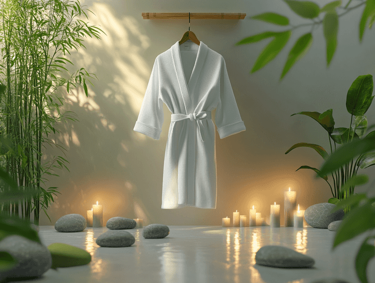 A luxurious spa robe folded neatly on a hotel bed with a serene spa setting in the background