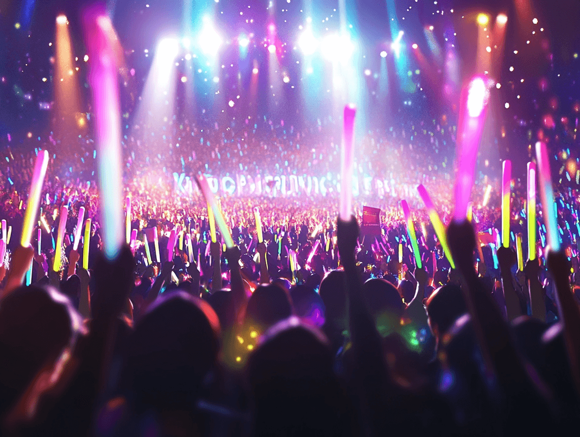 A photorealistic image of a crowd of fans at a concert, holding banners and glowing lights in support of Jimin