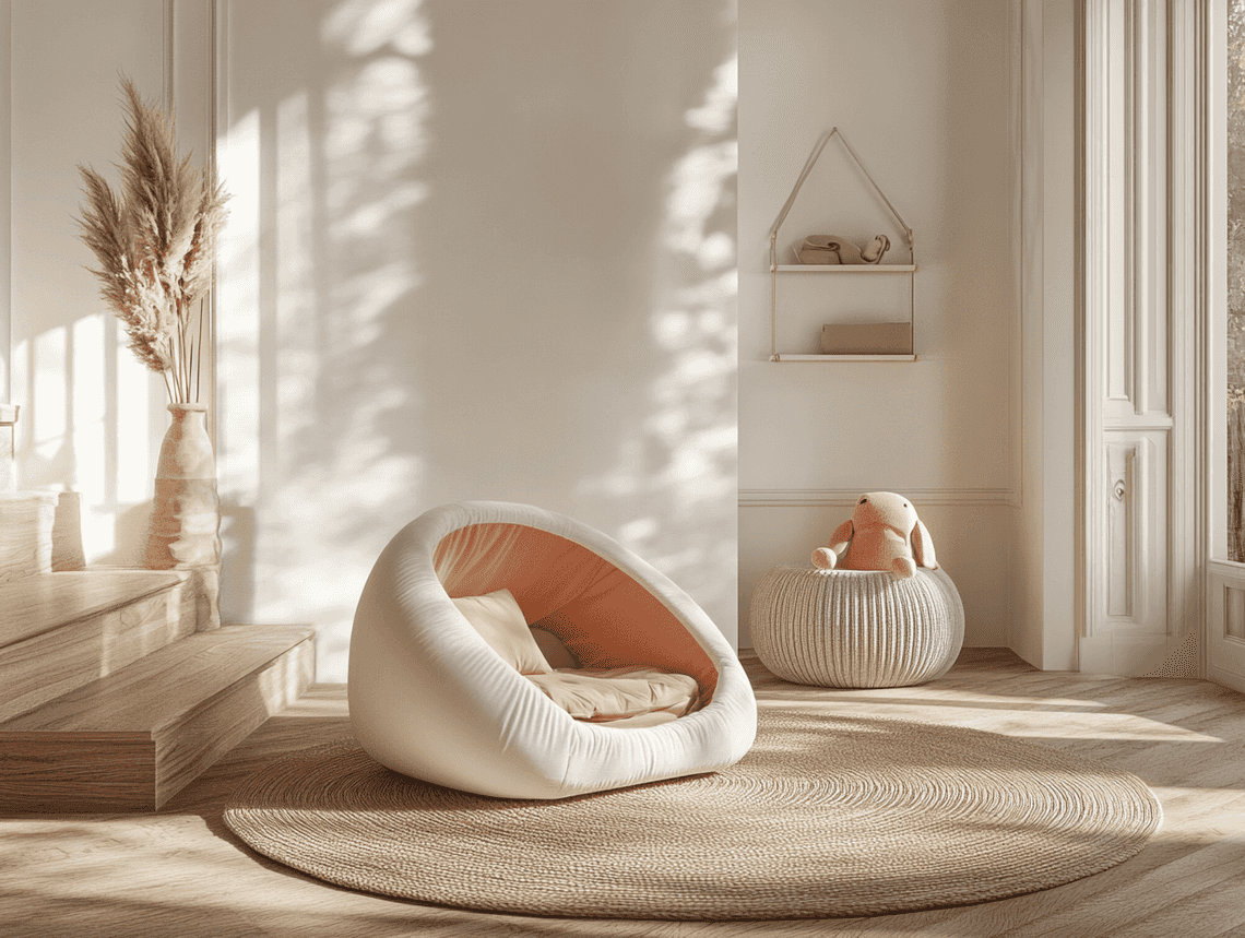 A confident entrepreneur standing in a modern office, surrounded by innovative product designs