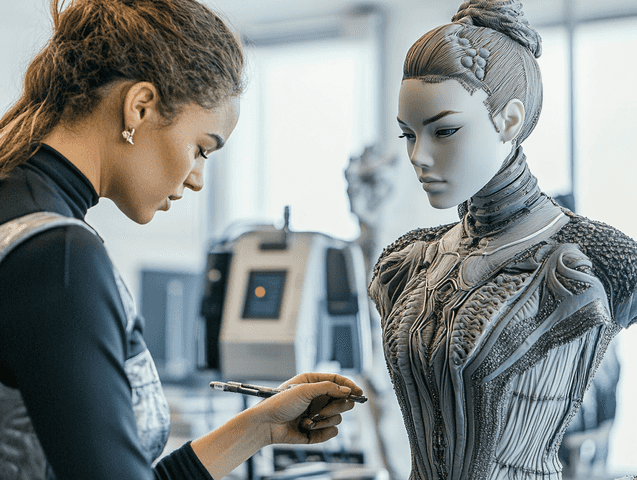 A behind-the-scenes look at costume designers working on futuristic outfits