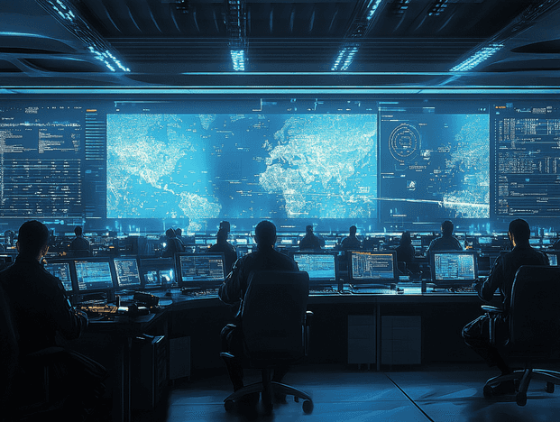 Military officials in a command center analyzing missile data