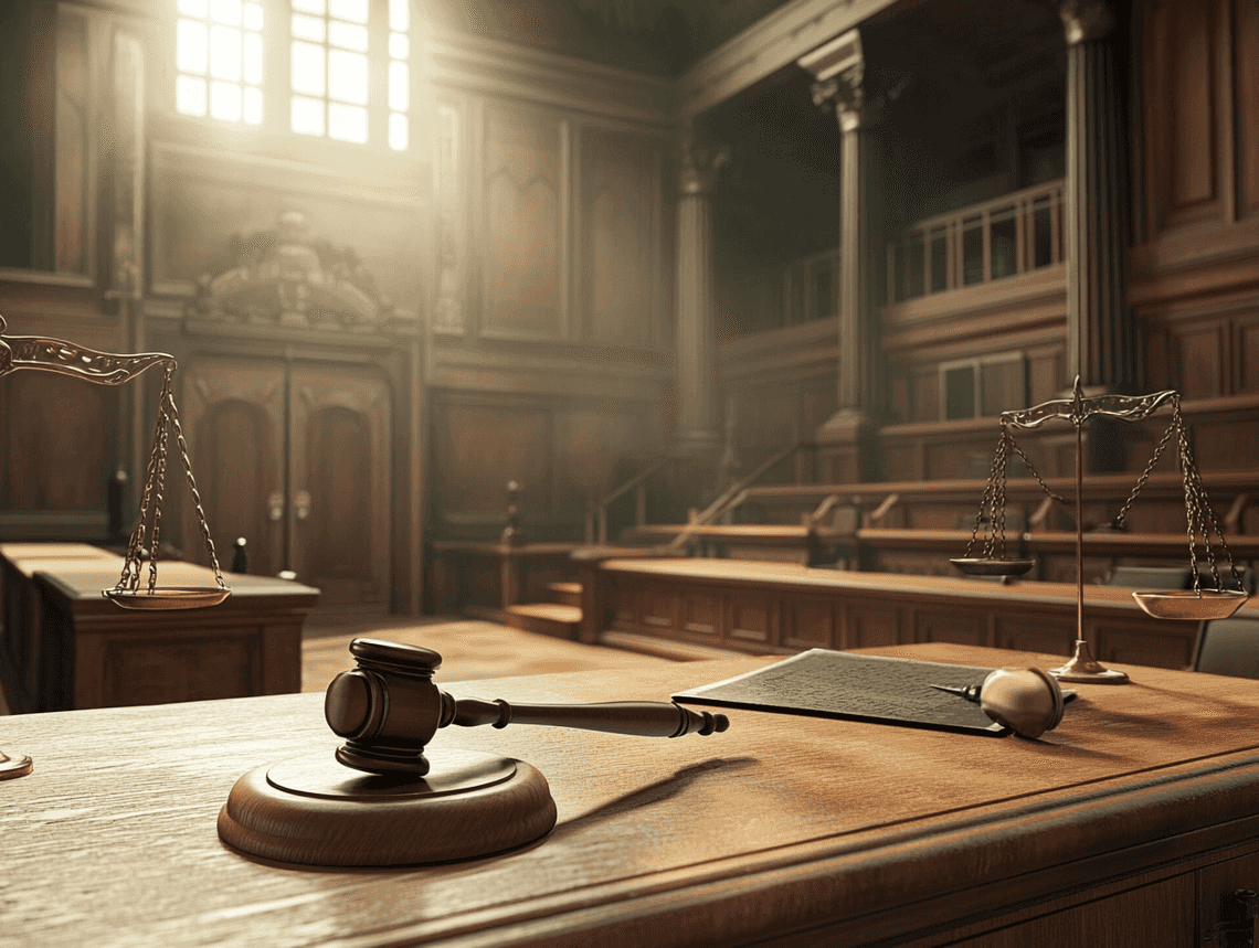 A courtroom with a gavel and scales of justice, symbolizing legal debates