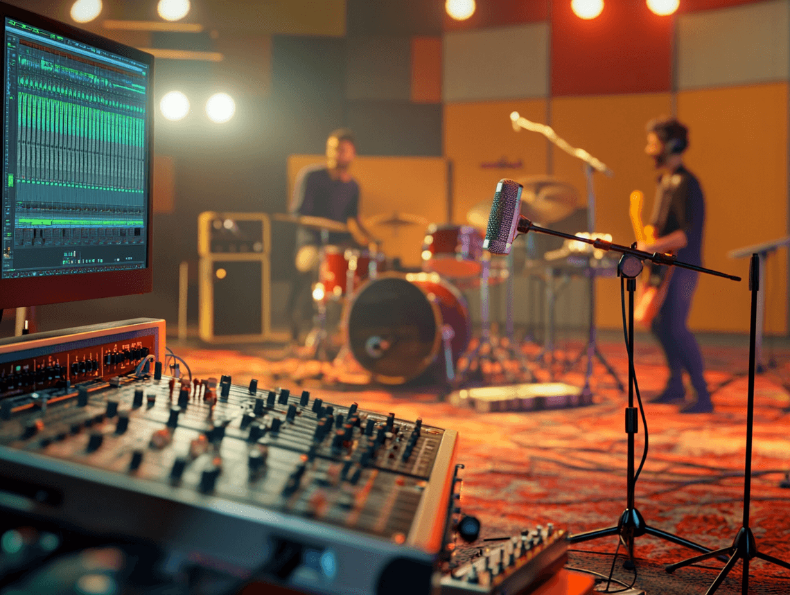 A professional studio setup with monitors, a mixing console, and a computer running audio production software