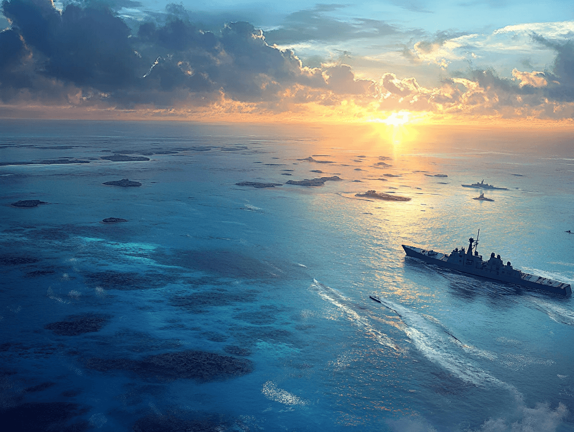 A map of the South China Sea highlighting disputed territories and key shipping routes