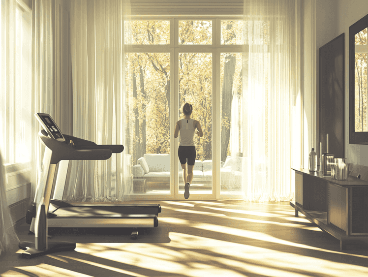 A person jogging on a treadmill in a bright, airy living room