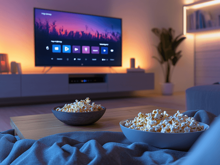 A person holding a remote in front of a TV screen showing a streaming platform interface