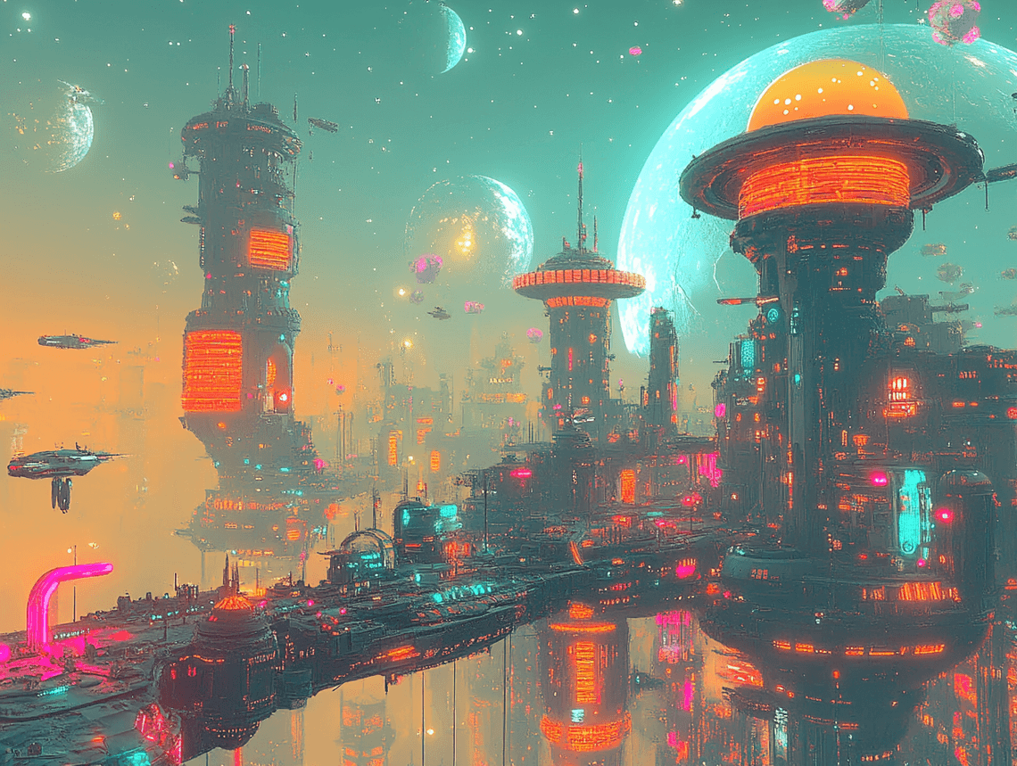 A group of young adventurers standing on a futuristic spaceship with a galaxy backdrop