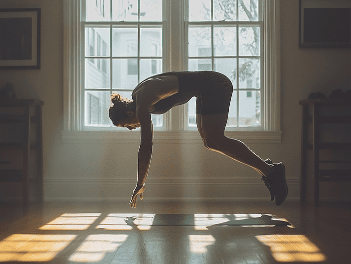 A person performing a burpee in a home gym setting